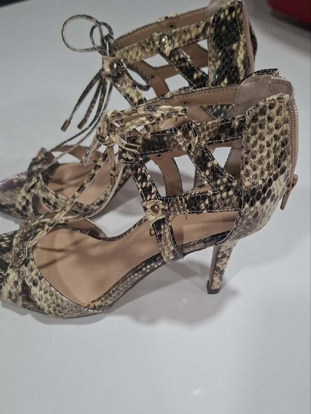 Unisa Snake-Print Lace-Up Women’s Heels - Neutral Tan/Black